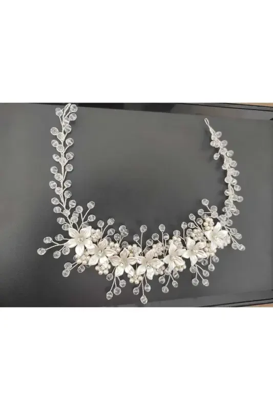 Bridal Veil Henna Wedding And Engagement Crown Pearly Crystal Beaded Handmade-SNOW WHITE - SWAN BUTIK