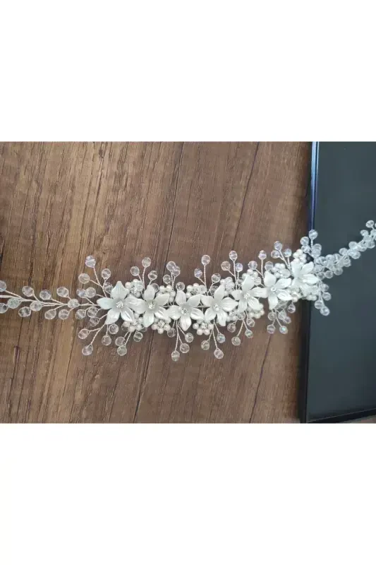 Bridal Veil Henna Wedding And Engagement Crown Pearly Crystal Beaded Handmade-SNOW WHITE - 3