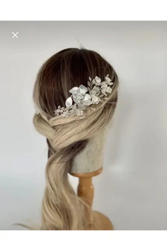 Bridal Veil Henna Wedding and Engagement Crown Pearly Crystal Beaded Mother-of-Pearl Floral Combed 2pcs-PEARL - 1