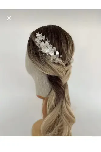 Bridal Veil Henna Wedding and Engagement Crown Pearly Crystal Beaded Mother-of-Pearl Floral Combed 2pcs-PEARL - SWAN BUTIK (1)