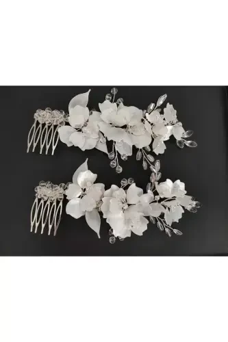 Bridal Veil Henna Wedding and Engagement Crown Pearly Crystal Beaded Mother-of-Pearl Floral Combed 2pcs-PEARL - 4