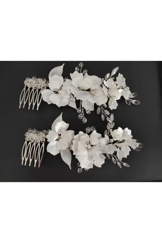 Bridal Veil Henna Wedding and Engagement Crown Pearly Crystal Beaded Mother-of-Pearl Floral Combed 2pcs-PEARL - 4