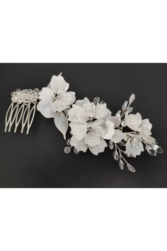 Bridal Veil Henna Wedding and Engagement Crown Pearly Crystal Beaded Mother-of-Pearl Flowered 1 Piece - PEARL WHITE - 2