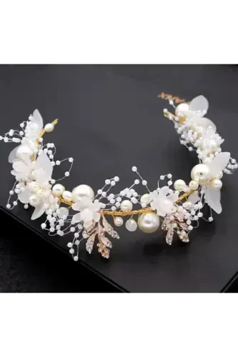 Bridal Veil Henna Wedding and Engagement Tiara Pearly, Beaded Floral Tiara-MOTHER of PEARL WHITE - 1