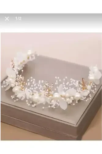 Bridal Veil Henna Wedding and Engagement Tiara Pearly, Beaded Floral Tiara-MOTHER of PEARL WHITE - SWAN BUTIK (1)