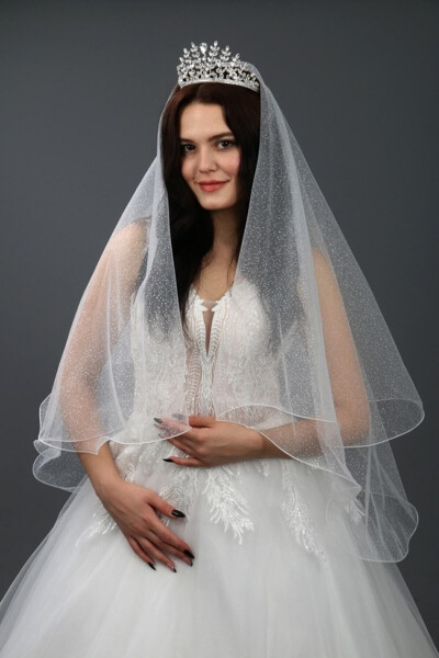 Bridal Veil Sequined Two-Layered Long Layer 1 Mt Short Layer 60 Cm Off White With Comb - 42