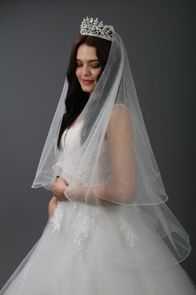 Bridal Veil Sequined Two-Layered Long Layer 1 Mt Short Layer 60 Cm Off White With Comb - 44