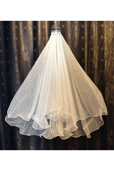 Bridal Veil Sequined Two-Layered Long Layer 1 Mt Short Layer 60 Cm Off White With Comb - 47