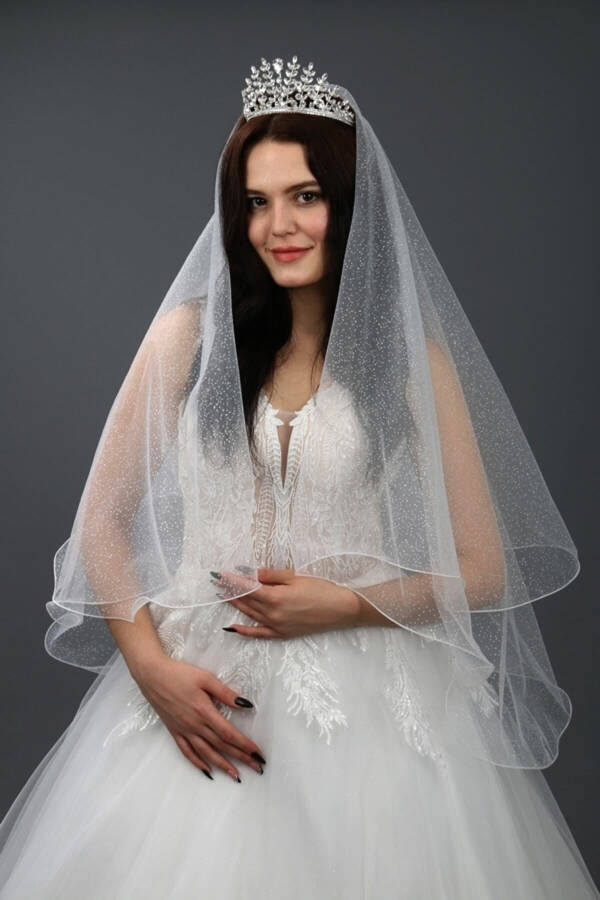 Bridal Veil Sequined Two-Layered Long Layer 1 Mt Short Layer 60 Cm Off White With Comb - 34