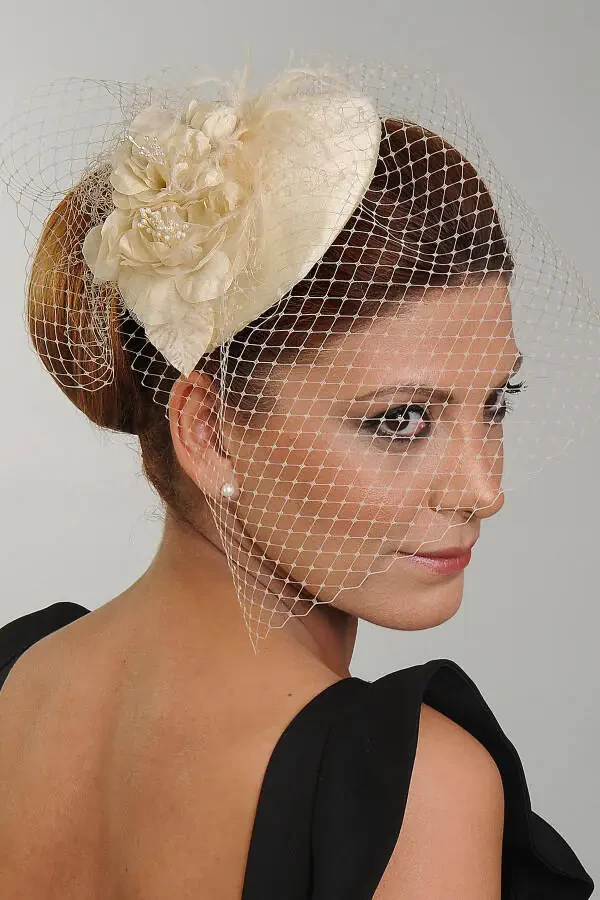 Bridal Wedding Hat, Bridal Hat, Bridal Cap, Bridal Veil, Ecru Cap - 1