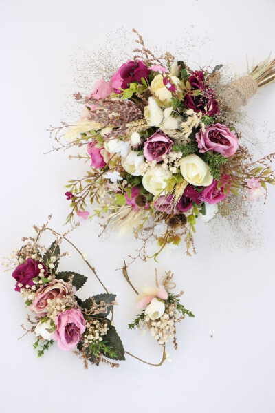 Bride Flower Pistachio 3 Piece Set Water Purple-Cream - YAPAY ÇIÇEK DEPOSU