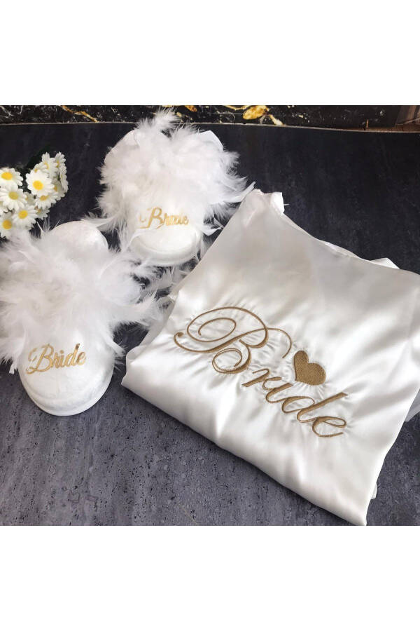 Bride Robe 'Bride' Embroidered Bridal Robe Set, Bride Fluffy Slippers And Fluffy Embroidered Robe - 2