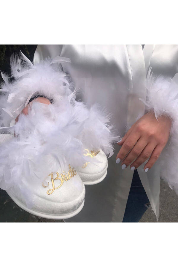 Bride Robe 'Bride' Embroidered Bridal Robe Set, Bride Fluffy Slippers And Fluffy Embroidered Robe - 3