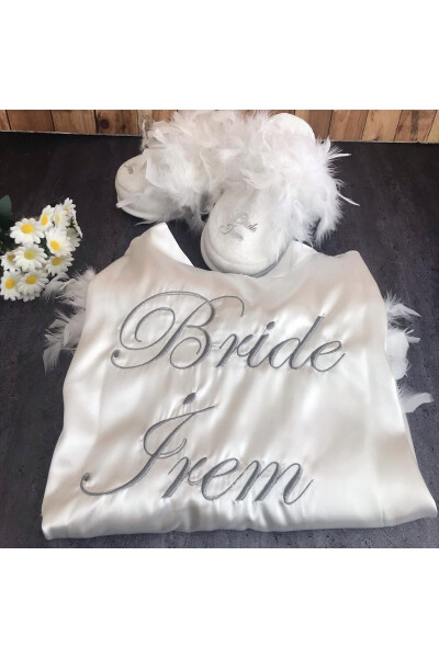 Bride Robe 'Bride' Embroidered Bridal Robe Set, Bride Fluffy Slippers And Fluffy Embroidered Robe - 7