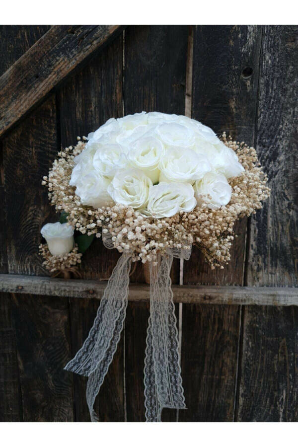 Bride's Bouquet with Chocolate-Dipped Cream Rose Groom's Boutonniere - 3