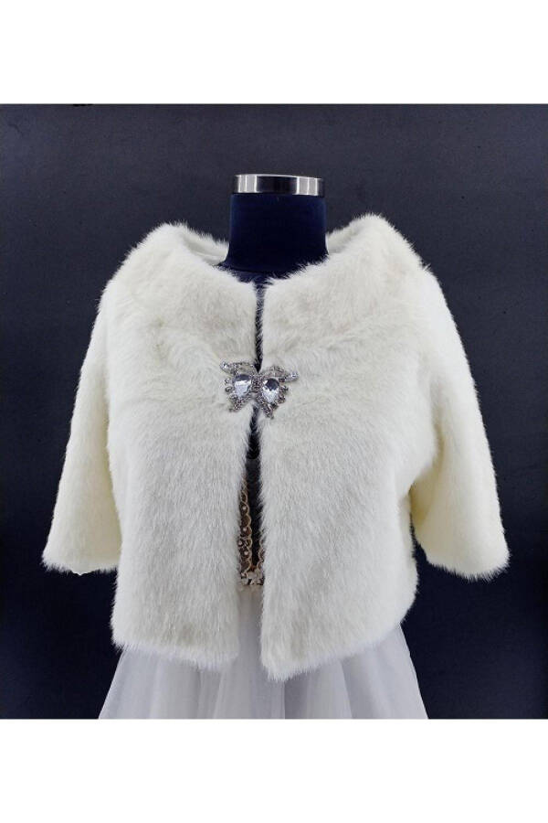 Bride's Stole Fur Bolero with Crystal Stone Brooch and Half Sleeves - 1