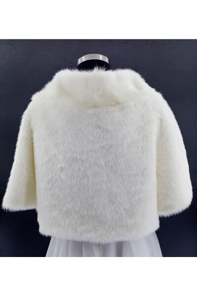 Bride's Stole Fur Bolero with Crystal Stone Brooch and Half Sleeves - 2