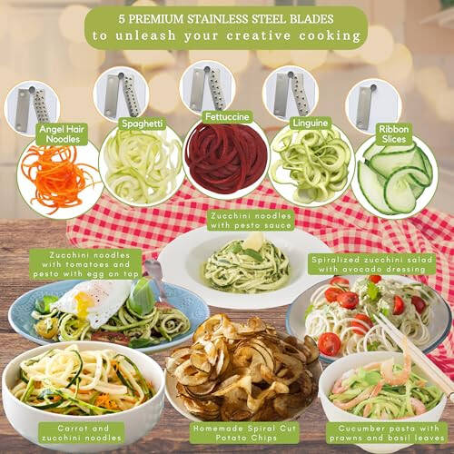 Brieftons 5 Bıçaklı Sebze Spiral Kesici: En Güçlü - En Ağır Spiral Dilici, Düşük Karbonhidratlı/Paleo/Glutensiz/Vegan Yemekler İçin En İyi Sebze Makarna Spaghetti Yapımcısı, Ek Bıçak Kutusu İle, 4 Tarif E-Kitabı - 4