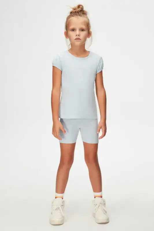 BRIGHT BLUE MELANGE Basic Girls' Crew Neck Watermelon Sleeve T-shirt-BRIGHT BLUE MELANGE - 1