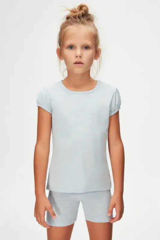 BRIGHT BLUE MELANGE Basic Girls' Crew Neck Watermelon Sleeve T-shirt-BRIGHT BLUE MELANGE - 2