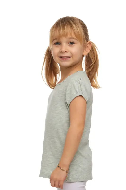 BRIGHT GREEN MELANGE Basic Girls' Crew Neck Watermelon Sleeve T-shirt - 2