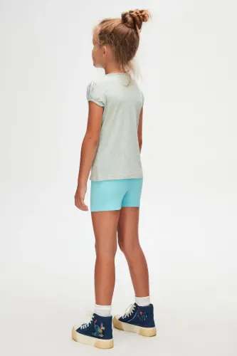 BRIGHT GREEN MELANGE Basic Girls' Crew Neck Watermelon Sleeve T-shirt - 4