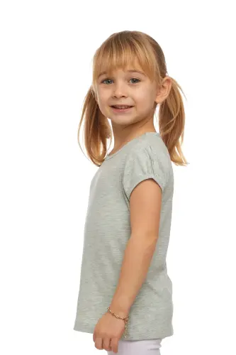 Bright Green Melange Basic Girls Crew Neck Watermelon Sleeve T-Shirt - BRIGHT GREEN MELANGE - 3