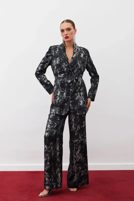 Bright Patterned Wide Leg Pants - BLACK-SILVER-BLACK - 1