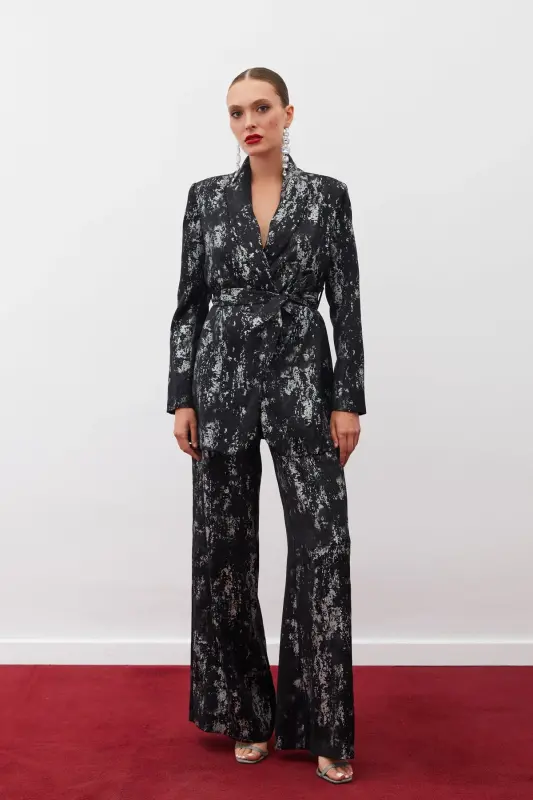 Bright Patterned Wide Leg Pants - BLACK-SILVER-BLACK - 2