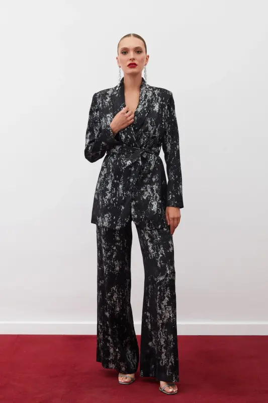 Bright Patterned Wide Leg Pants - BLACK-SILVER-BLACK - 3