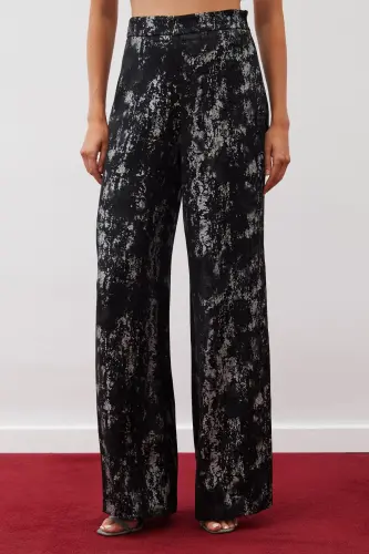 Bright Patterned Wide Leg Pants - BLACK-SILVER-BLACK - 5