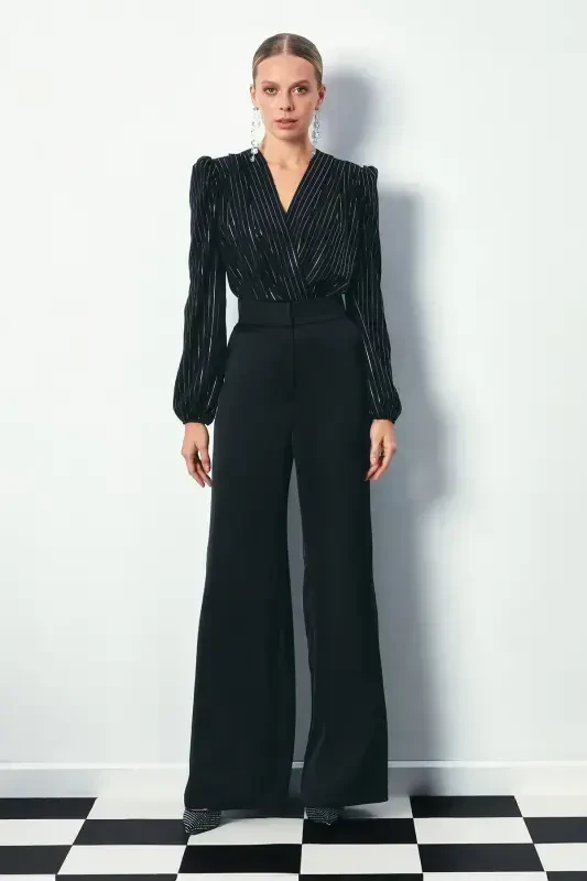 Bright Striped Bodysuit Blouse - BLACK-BLACK - 1