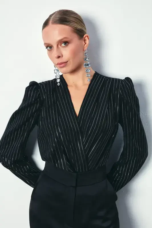 Bright Striped Bodysuit Blouse - BLACK-BLACK - 2