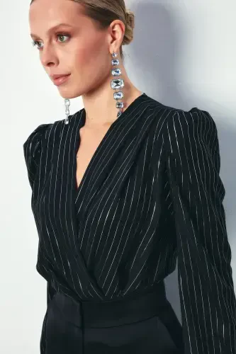 Bright Striped Bodysuit Blouse - BLACK-BLACK - 5