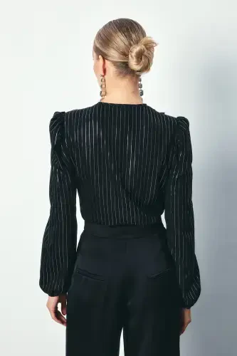 Bright Striped Bodysuit Blouse - BLACK-BLACK - 7