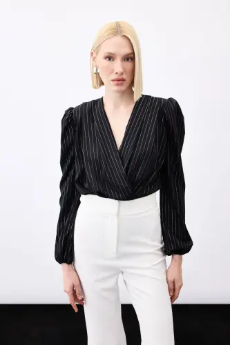 Bright Striped Bodysuit Blouse - BLACK-BLACK - 2