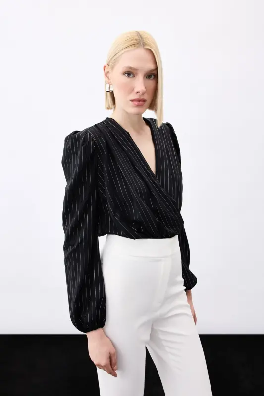 Bright Striped Bodysuit Blouse - BLACK-BLACK - 3