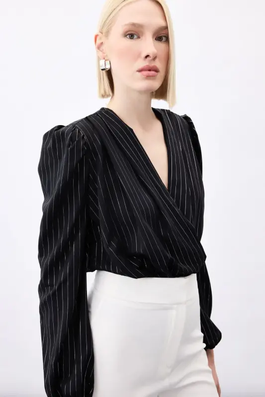 Bright Striped Bodysuit Blouse - BLACK-BLACK - 4