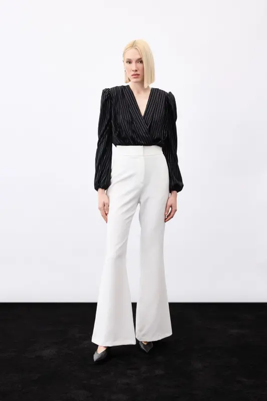 Bright Striped Bodysuit Blouse - BLACK-BLACK - 7