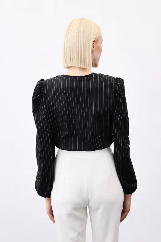 Bright Striped Bodysuit Blouse - BLACK-BLACK - 8
