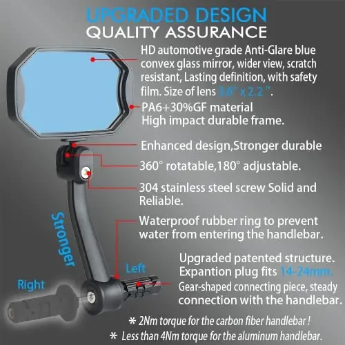 BriskMore Bar End Bike Mirrors, High–Definition Convex Glass Lens for E-Bike Handlebars, Scratch Resistant, Safe Rearview 1 Pair Bicycle Mirror(Right And Left Side) - 3