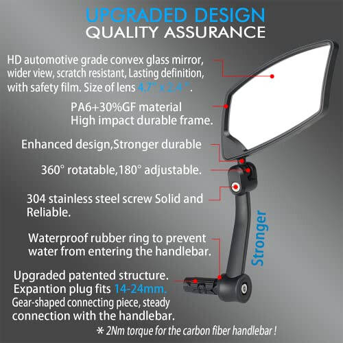 BriskMore Bar End Bike Mirrors 1 PAIR, High–Definition Convex Scratch Resistant Glass Lens E-Bike Mirror,Safe Rearview Mountain Bike Mirror for Left and Right Side BT-018 - 2