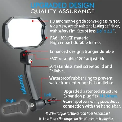 BriskMore Bar End Bike Mirrors, High–Definition Convex Glass Lens for E-Bike Handlebars, Scratch Resistant, Safe Rearview 1 Pair Bicycle Mirror(Right And Left Side) - 3