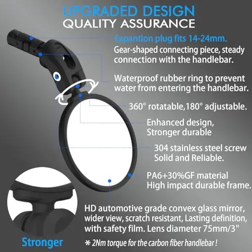 BriskMore Bike Mirrors,Bike Bar End Mirror, HD Glass Convex Lens Bicycle Rearview Mirror, Safe Cycling Rearview Mirror, Easy to Install - 3