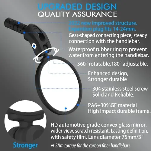 BriskMore Bike Mirrors,Bike Bar End Mirror, HD Glass Convex Lens Bicycle Rearview Mirror, Safe Cycling Rearview Mirror, Easy to Install - 3