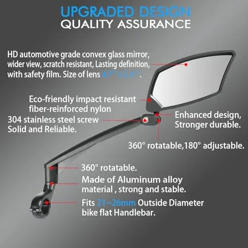 BriskMore Handlebar Bike Mirror - Crystal Clear HD Glass, 360° Adjustable&Foldable Mirror for Safe Riding, Wide Angle Rearview for E-Bikes, Mountain Bikes & Scooters,Bicycle Mirror - BRISKMORE (1)