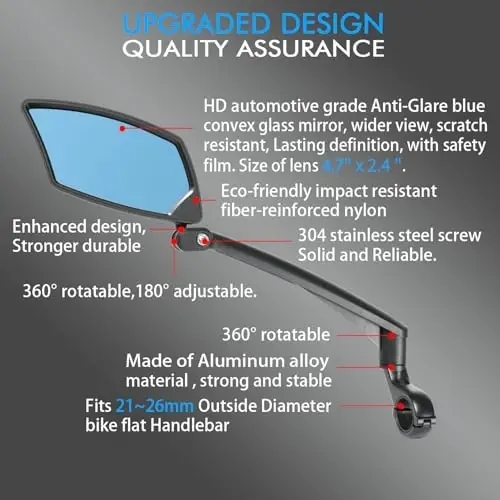 BriskMore Handlebar Bike Mirror - Crystal Clear HD Glass, 360° Adjustable&Foldable Mirror for Safe Riding, Wide Angle Rearview for E-Bikes, Mountain Bikes & Scooters,Bicycle Mirror - BRISKMORE (1)