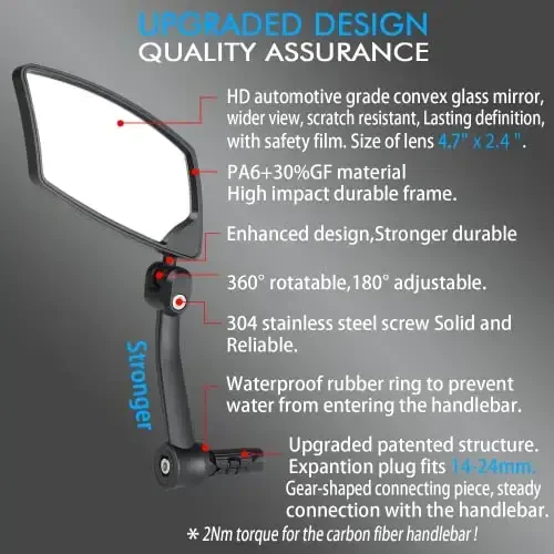 BriskMore Handlebar Bike Mirror - HD Blast-Resistant, Adjustable Rotatable Rearview Mirror for Left Side Bicycle - 3