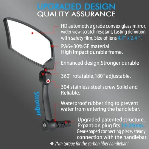 BriskMore Handlebar Bike Mirror - HD Blast-Resistant, Adjustable Rotatable Rearview Mirror for Left Side Bicycle - 3