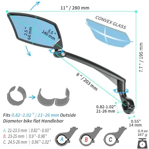 BriskMore Handlebar Bike Mirror, Scratch Resistant Glass Lens, Ajustable and Rotatable Safe Rearview Bicycle Mirror - 1